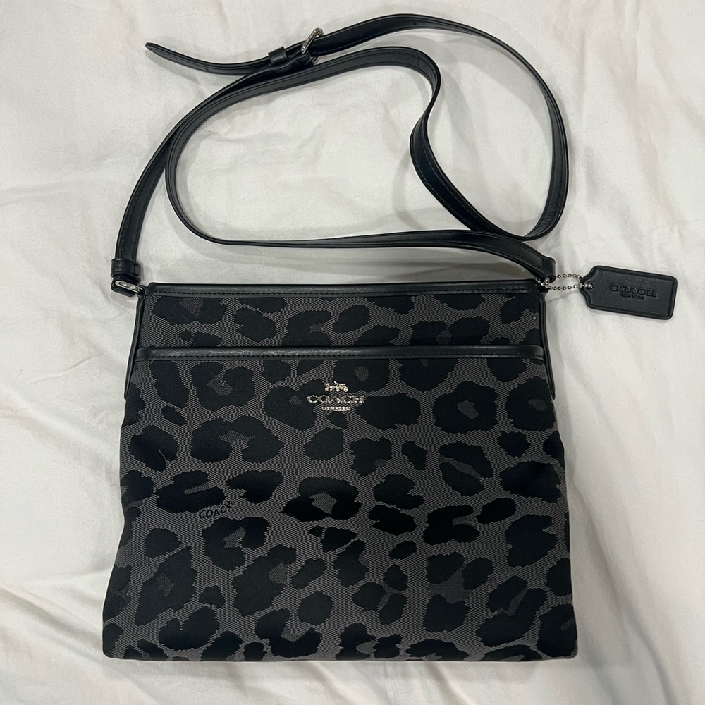 Coach grey leopard print crossbody messenger purse